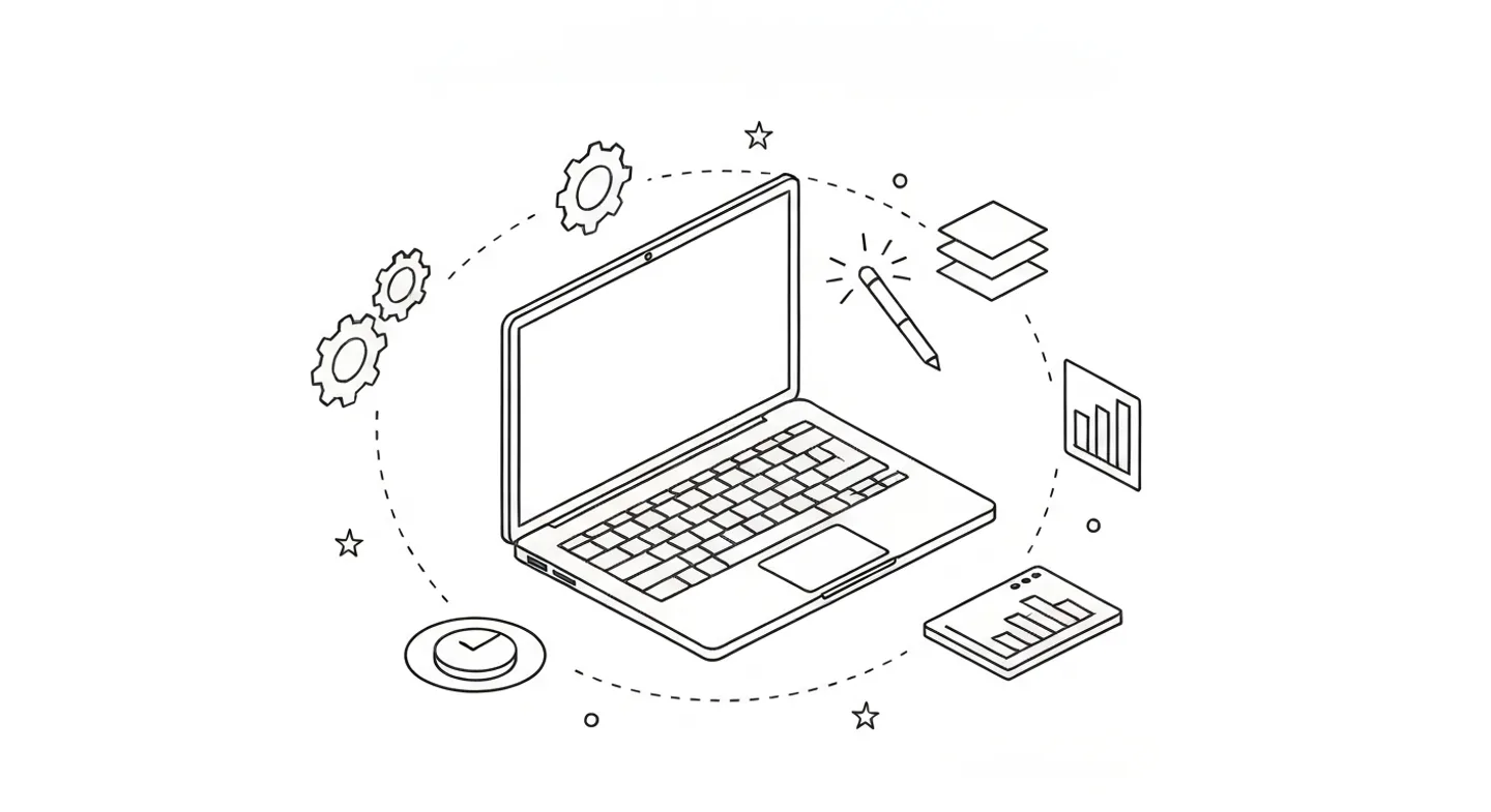 Architect's laptop surrounded by floating design tool icons