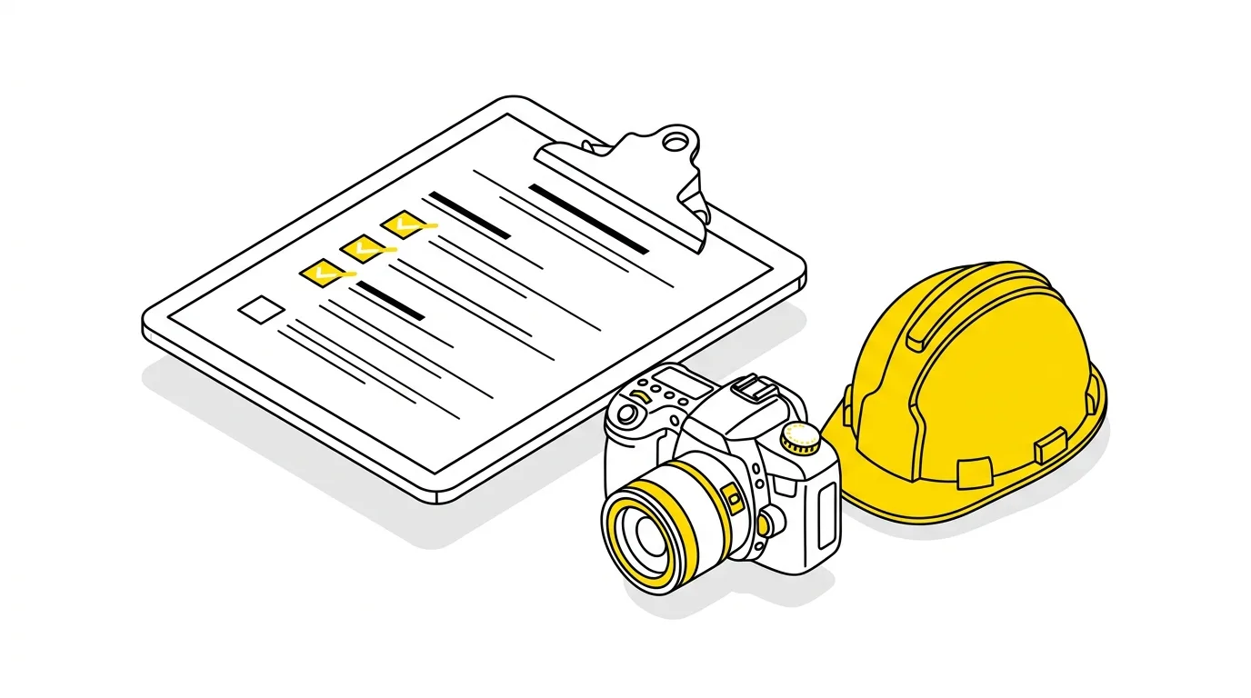 Site visit checklist next to a camera and a hard hat