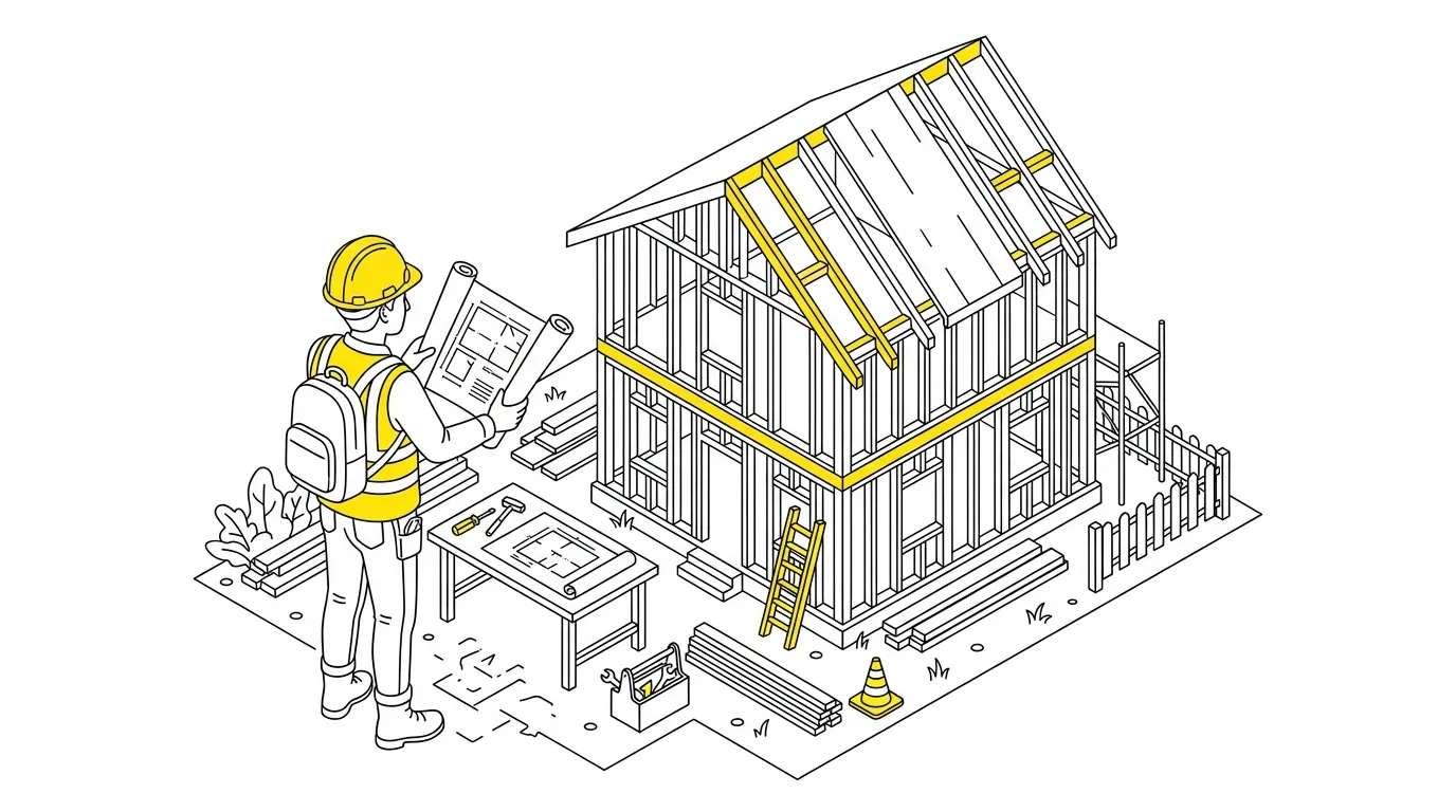 Architect in a hard hat comparing drawings against a house under construction