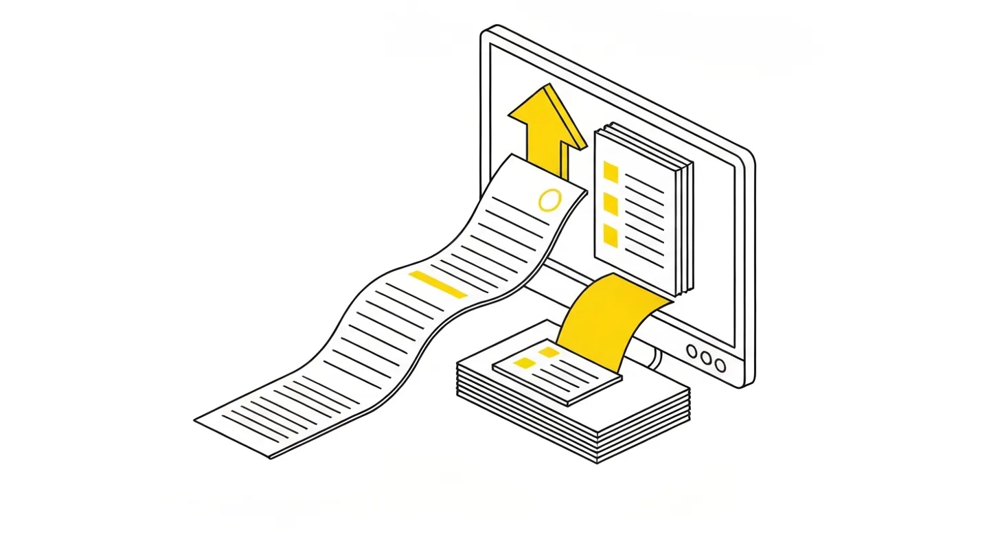 Documents moving from a paper folder into a digital portal on a laptop