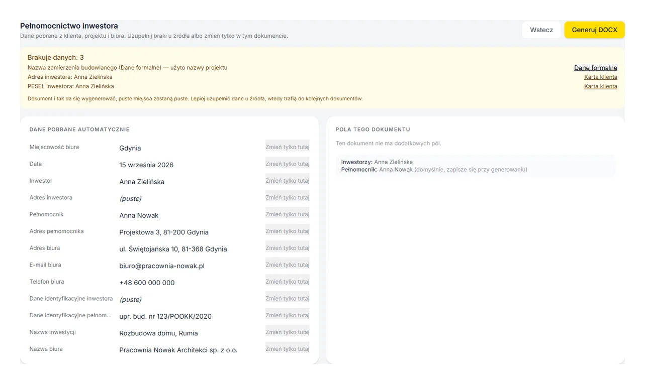 Document wizard: missing-data list with links to fields and a table of data pulled from the client, project and office
