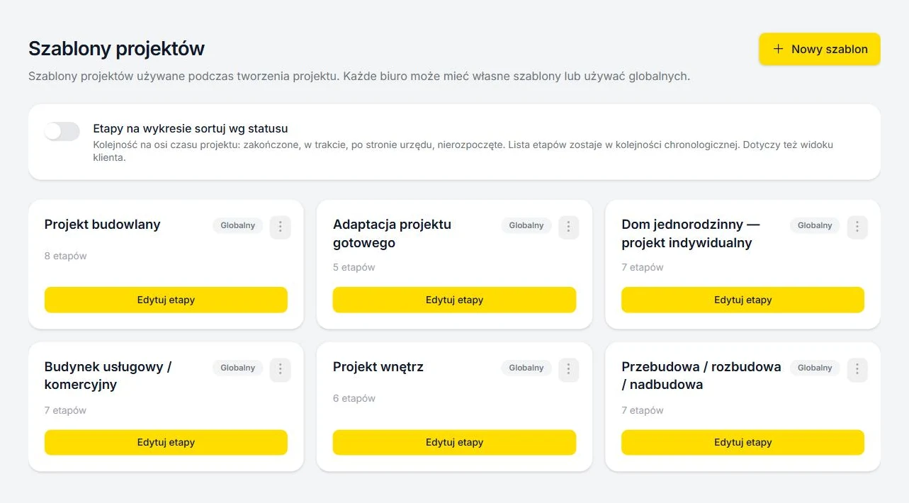 Office panel: list of project templates with stage counts