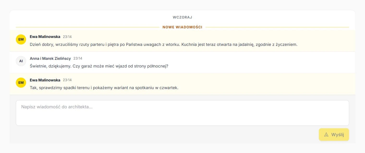 Client portal, Discussion tab: message thread with the office and a new message box