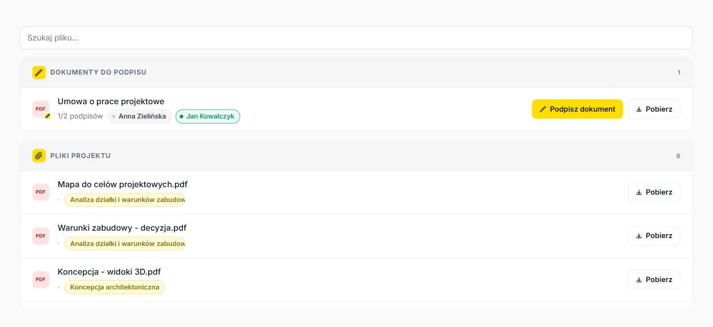 Client portal, Files tab: documents to sign and project files by stage