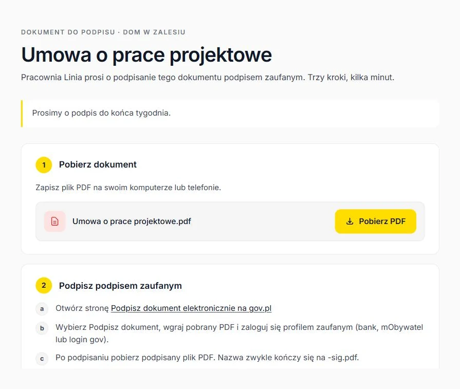 Strona podpisującego: pobierz dokument, podpisz na gov.pl, wgraj podpisany plik