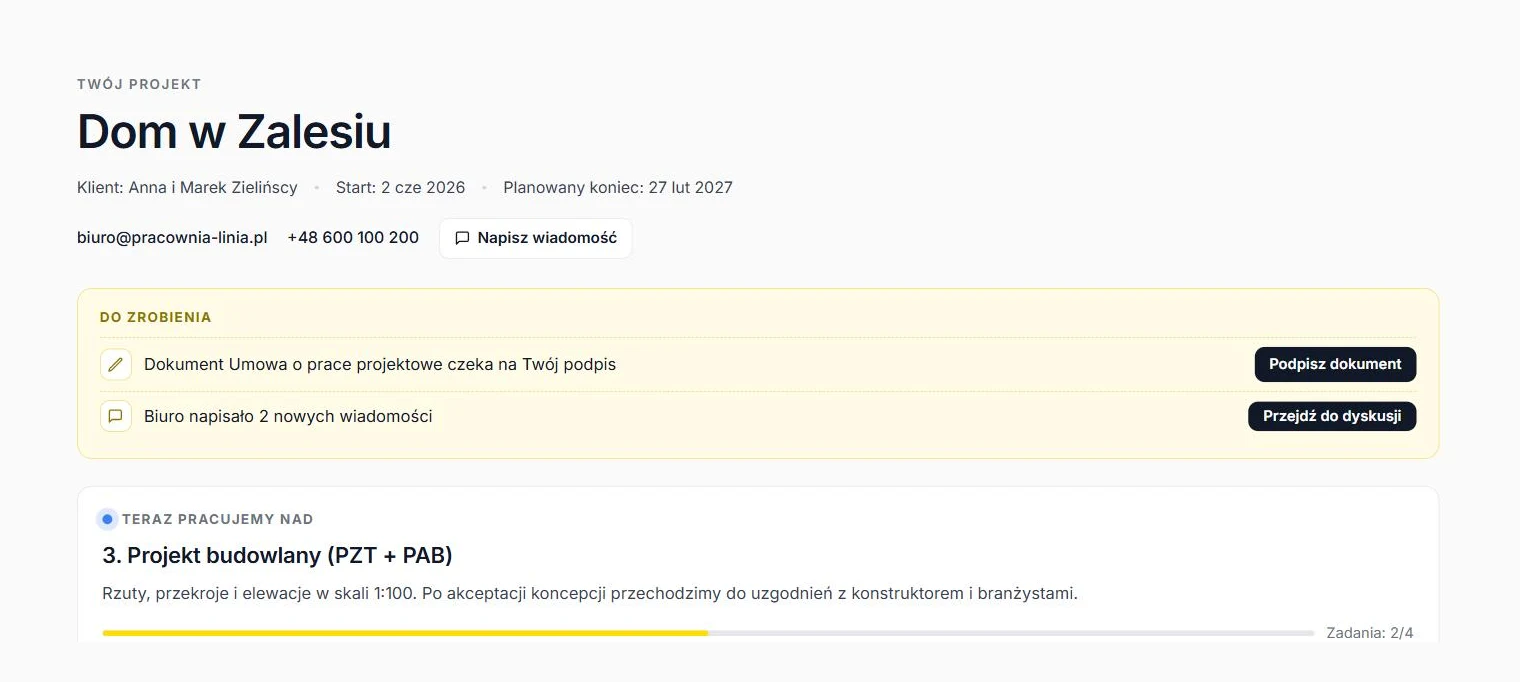 ArchiFlow client portal: to-do panel, current stage with tasks and the project timeline